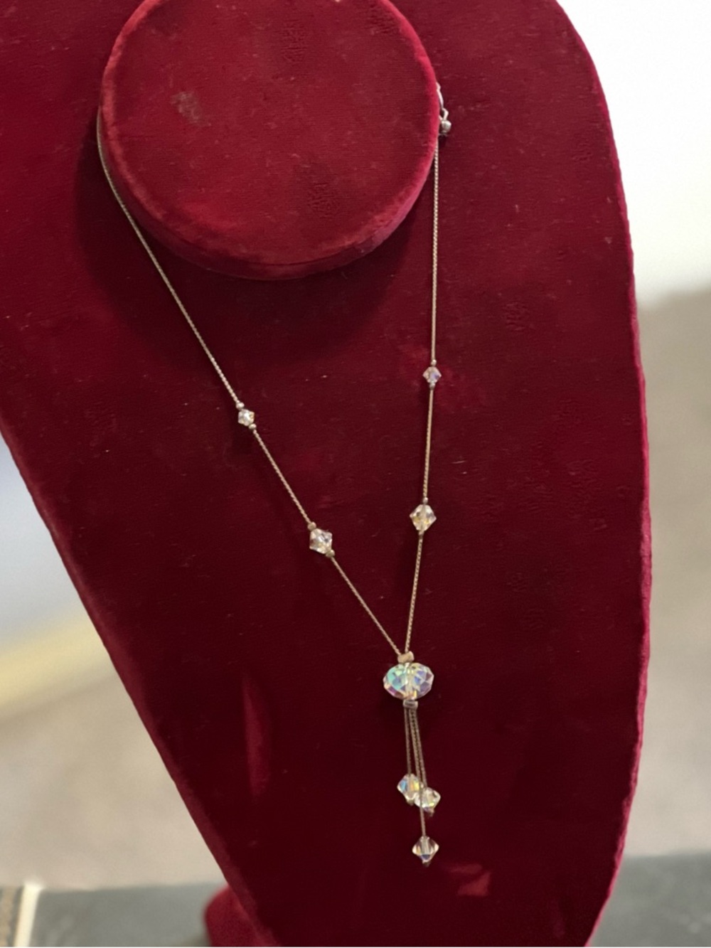 Delicate Vintage Iridescent Crystal Drop Necklace with Tassel - Silver Tone